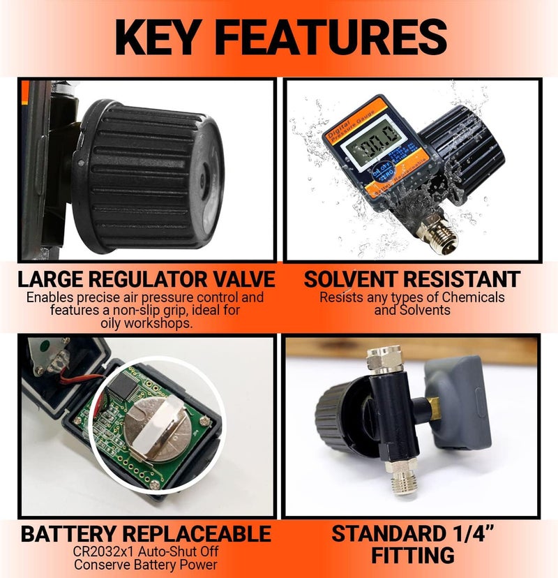 LE LEMATEC Digital Air Pressure Regulator, 1/4-Inch NPT Diaphragm Airflow Valve Up to 160 PSI Digital Gauge for HVLP Spray Paint Gun, Sand Blaster & Other Pneumatic Tools (DAR02B) - Image 4